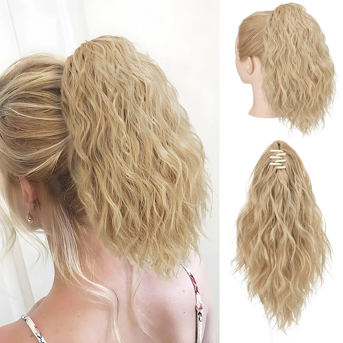 Synthetic Curly Claw Clip in Ponytail Blonde Brown Short Hairpiece 13" Fake