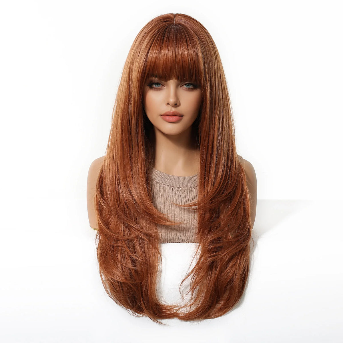 Long Copper Brown Synthetic Curly Wig Auburn Bangs Layered Straight Hair Natural