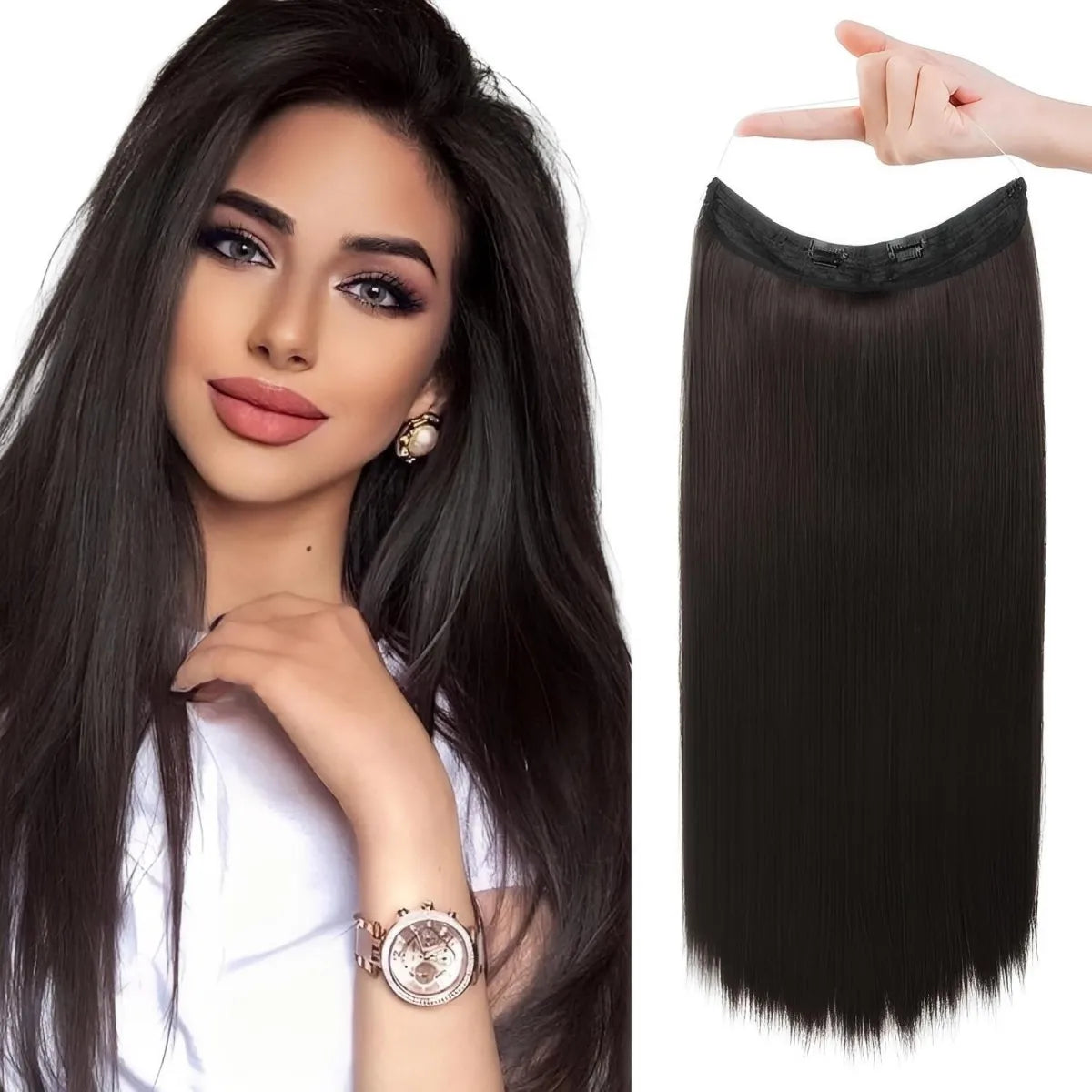 Invisible Halo Hair Extensions Real Human Hair Fish Wire Adjustable Band Secret Clip-in Extension Chocolate Brown