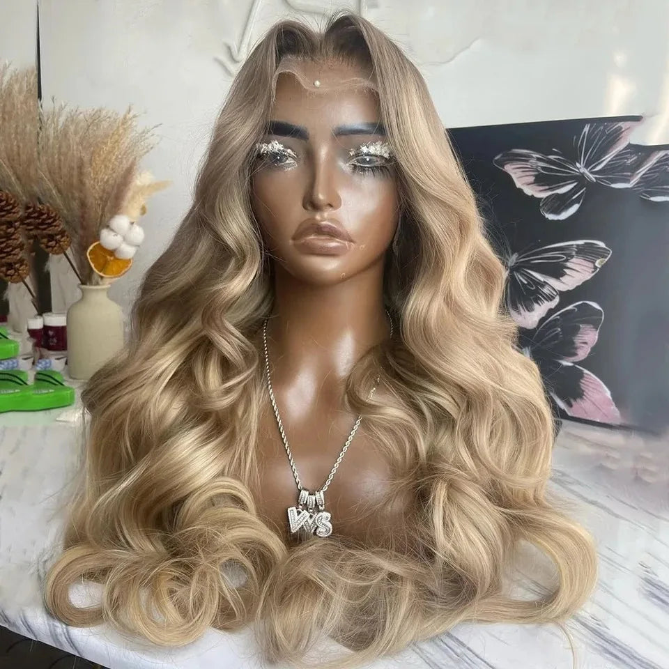 180% Density Brown Roots Ash Blonde Body Wave Lace Frontal Wig, 13x4, Ombre, Synthetic Blend