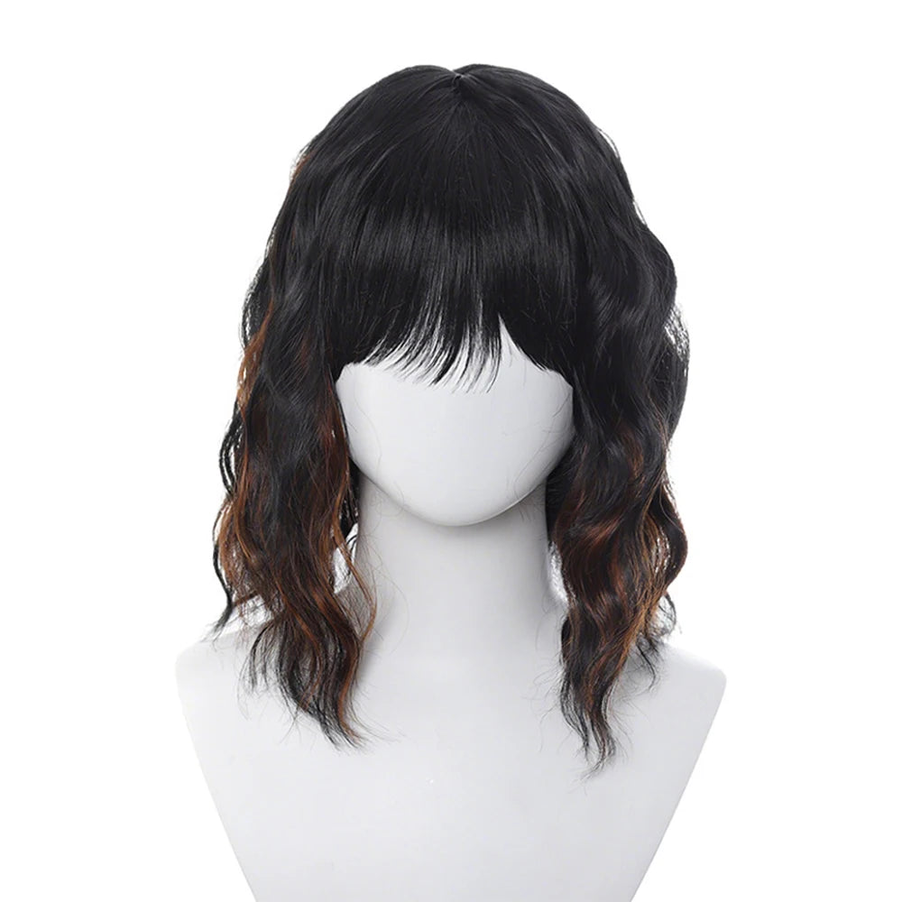 Natural Black Short Curly Wig - Shoulder Length Wavy Bob with Bangs | Synthetic Heat-Resistant Hair