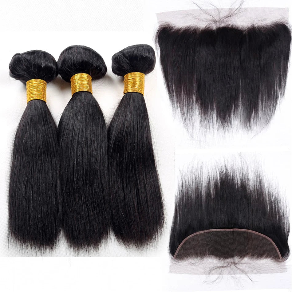 15A Brazilian Bone Straight Bundles with 13x4 Frontal, Virgin Human Hair, HD Transparent Lace