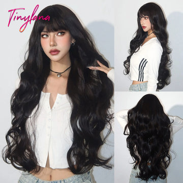 Super Long Black Wavy Synthetic Wigs Bangs Afro Dark Water Wave Halloween