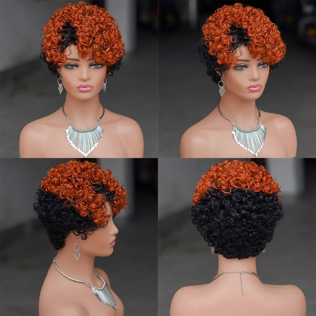 99J Red Rose Curly Short Bob Pixie Cut Human Hair Wig Ombre
