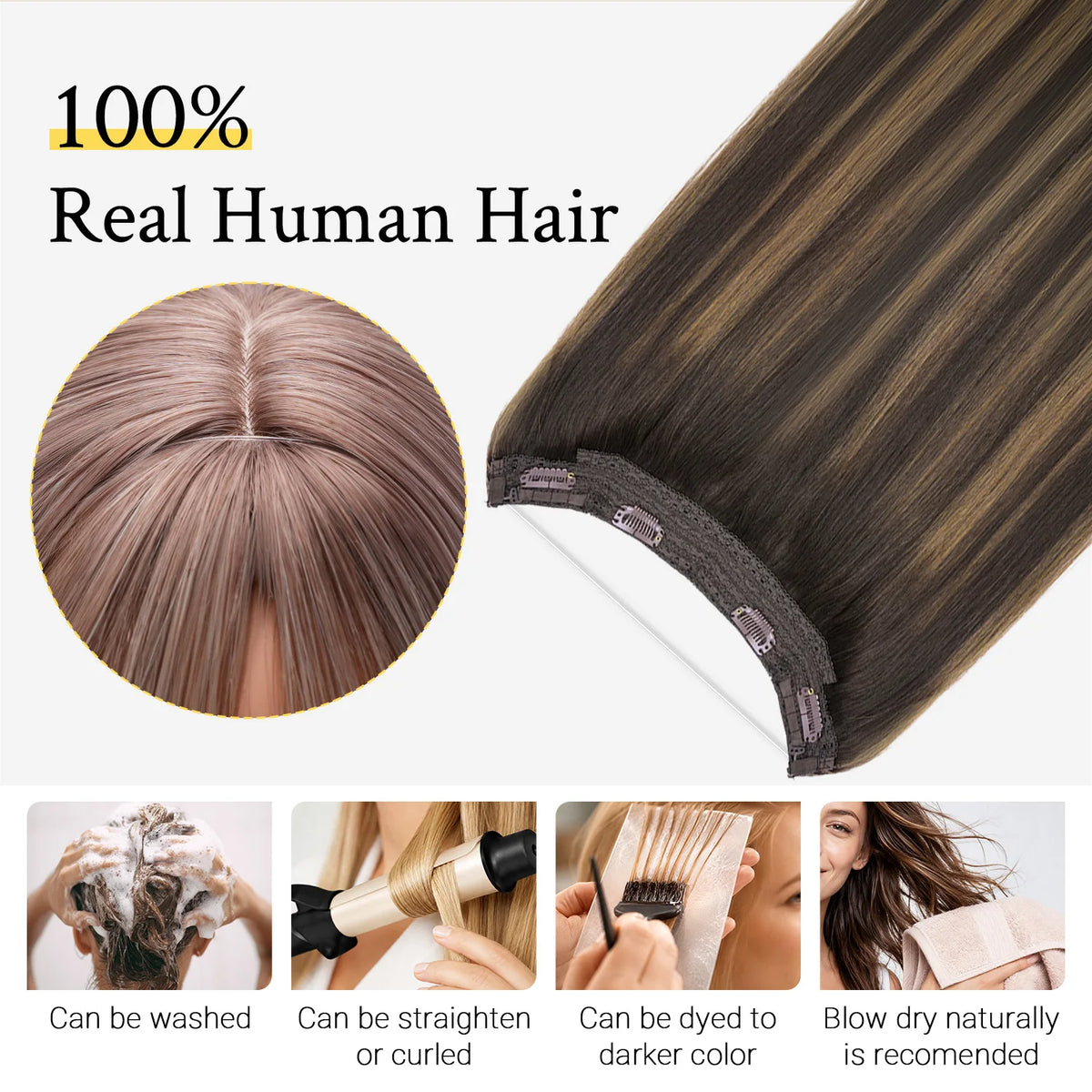 Wire in Hair Extensions Real Human Balayage Dark Brown To Chestnut Invisible
