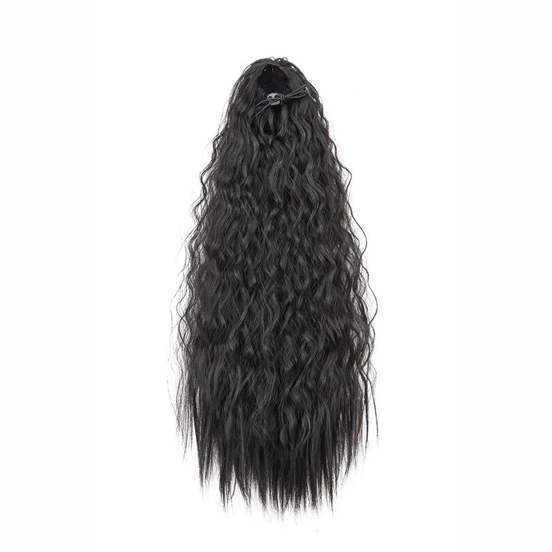 22Inch Synthetic Long Kinky Curly Ponytail Hair Extension Drawstring Wrapped Clip in Hair Black Hairpiece