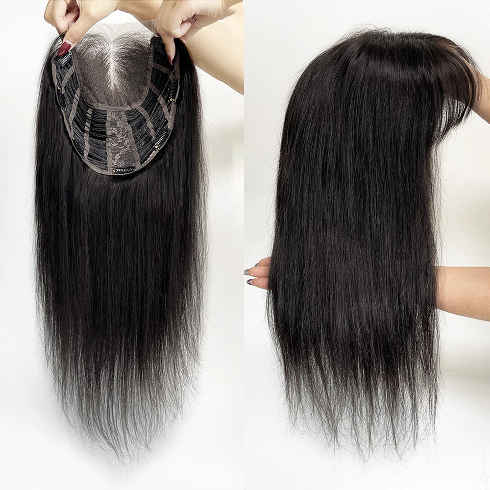 4x4 HD Lace Base Wispy Bangs Topper Natural Black Hair Hairpieces Clips