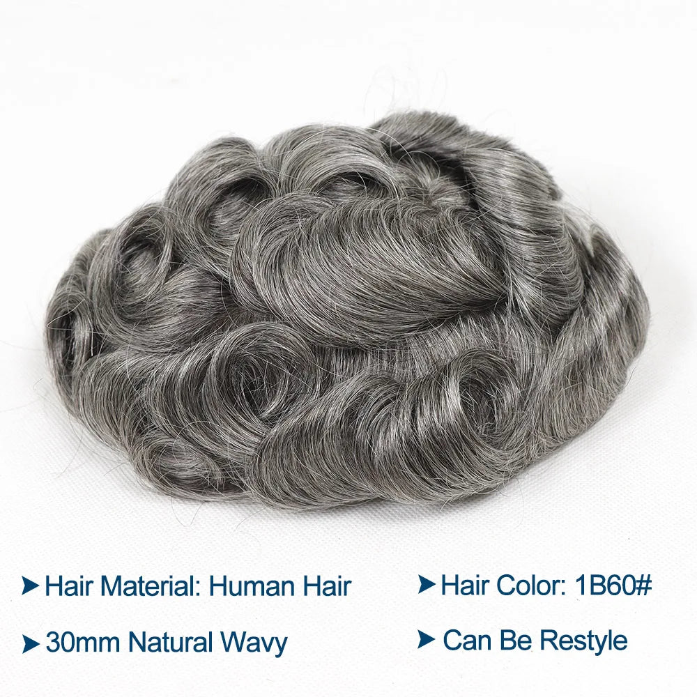 Grey Human Hair Prosthesis Toupee PU Fine Mono Lace Front Wig System