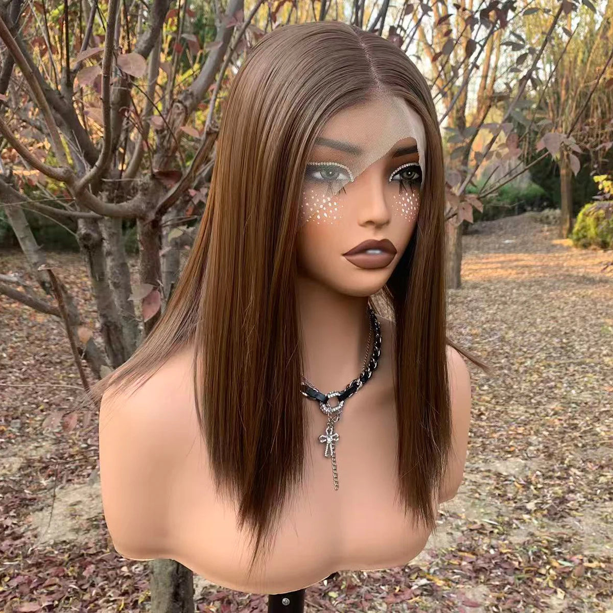 Light Brown Bob Wig, 13x4 Glueless Synthetic Lace Front 150%Density 14inch Short