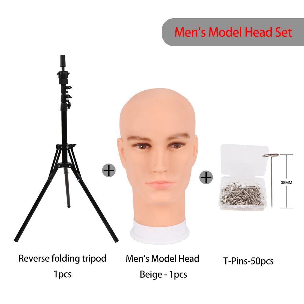 Foldable Wig Stand Tripod With 21-25Inch Canvas Head Black Male Bald Head Mannequin With Stand Wig Head Stand Tripod