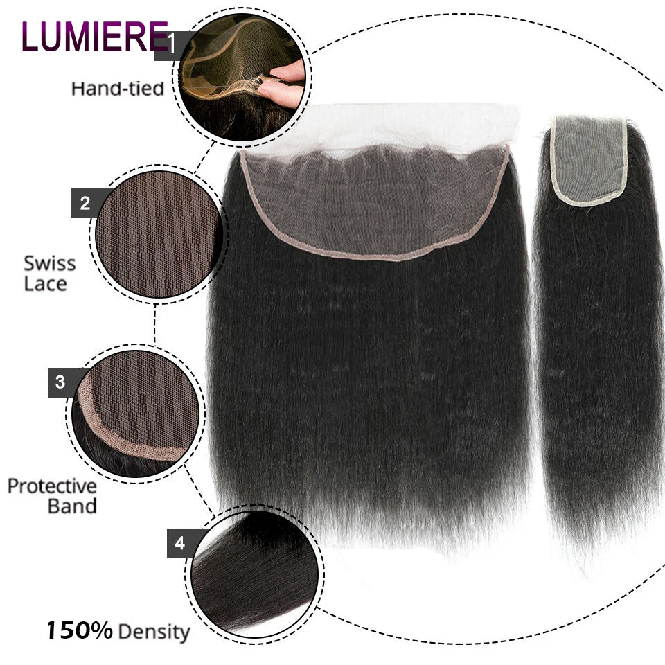Kinky Yaki Straight Human Hair Bundles Closure Frontal HD Transparent Brazilian Deep