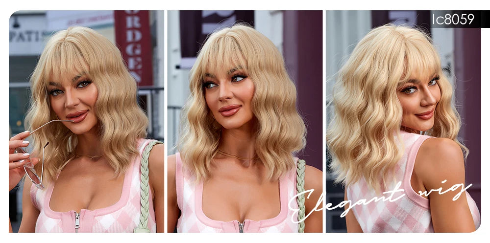 Pink BOBO Synthetic Wigs Short Natural Wave Hair Wig Party Daily High Density Heat Resistant