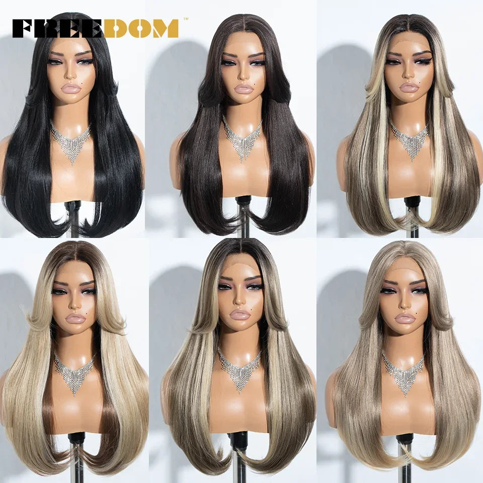 Straight Synthetic Lace Front Wigs Long Bangs Ombre Brown Blonde Highlight Cosplay