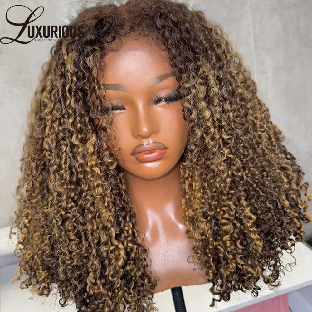 Highlight Ombre Honey Blonde Human Hair Wig 4c Edges, 13x4 Bouncy Curly