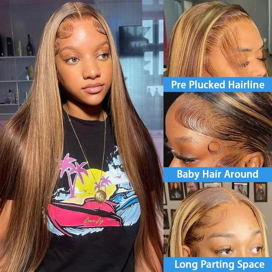 Honey Blonde Highlight Ombre 4/27 Human Hair Wigs HD Transparent Brown Colored