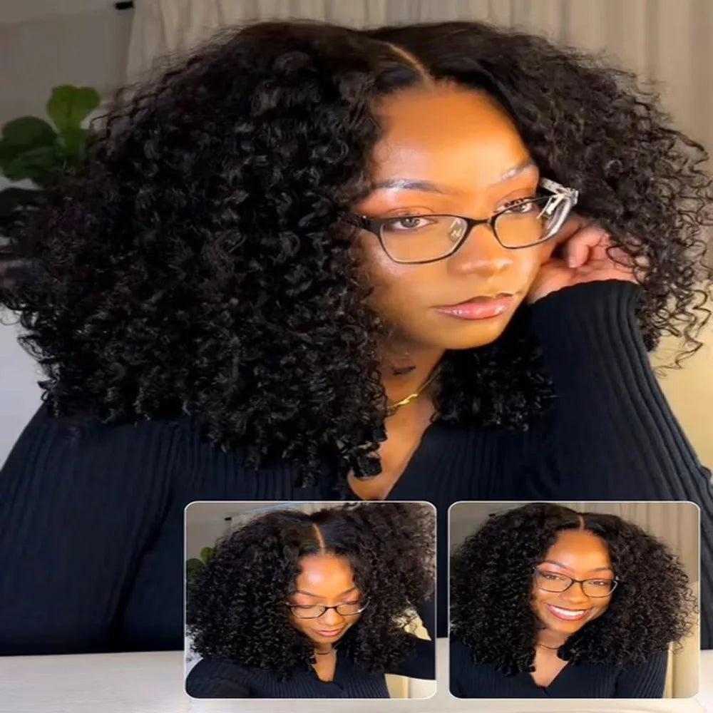Density Afro Kink Curly Half Wig Human Hair Breathable Machine Made 3In1