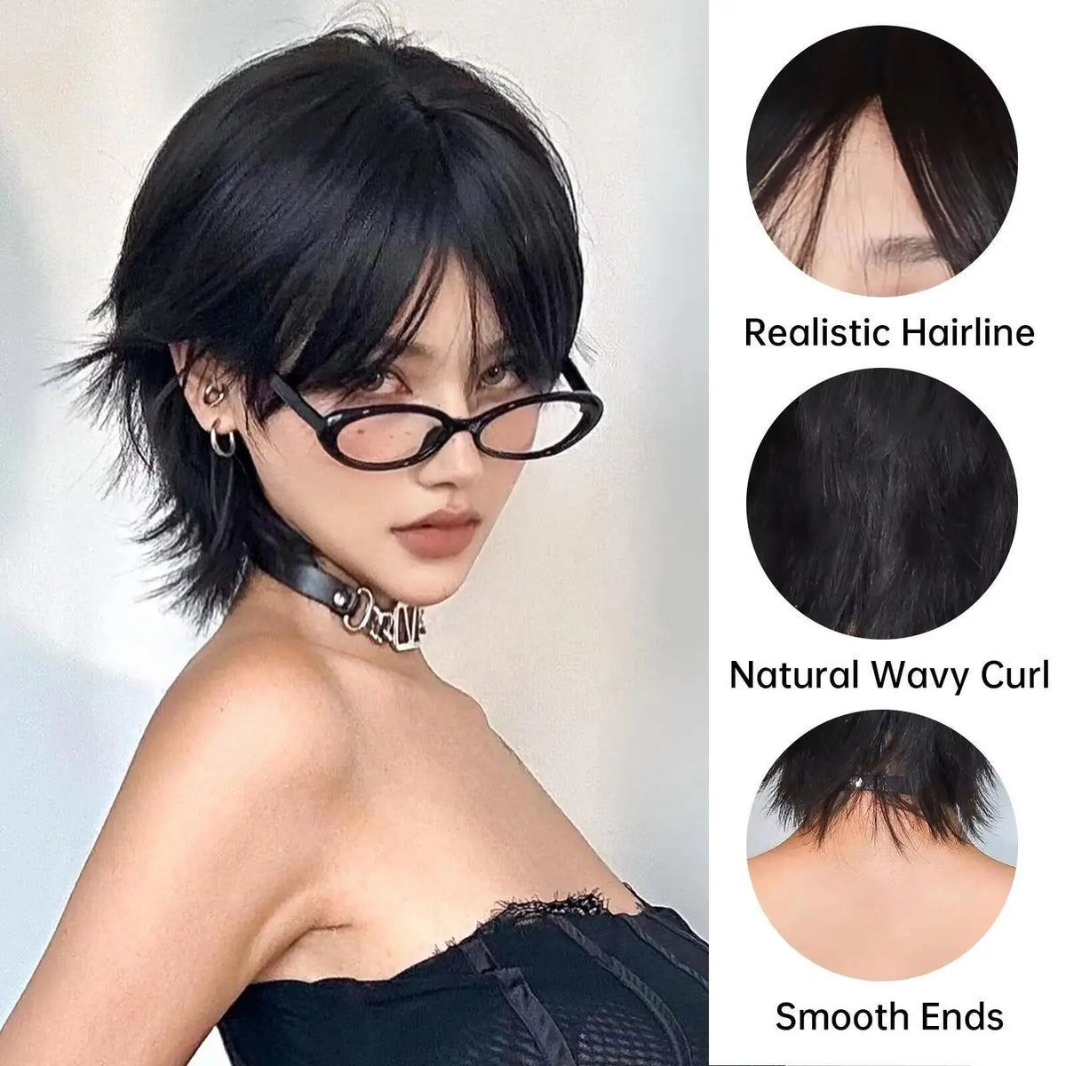Short Salmon Head Wig Bangs Women's Straight Black Synthetic Party Elf Cut
