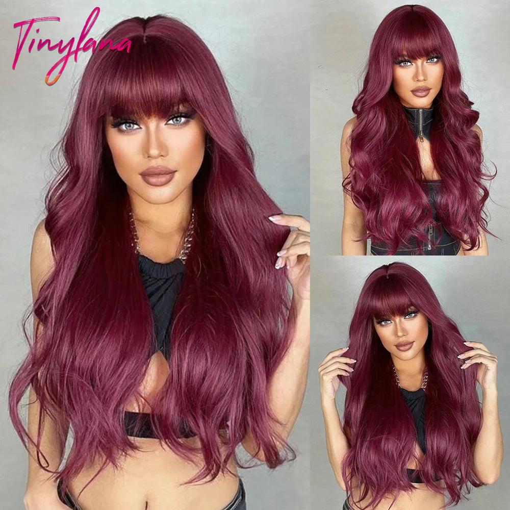 Super Long Black Wavy Synthetic Wigs Bangs Afro Dark Water Wave Halloween