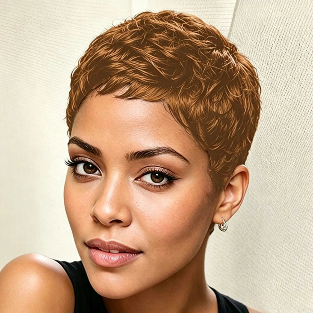 Curly Wave Wig, 150% Density Pixie Cut Human Hair Machine Made Daily