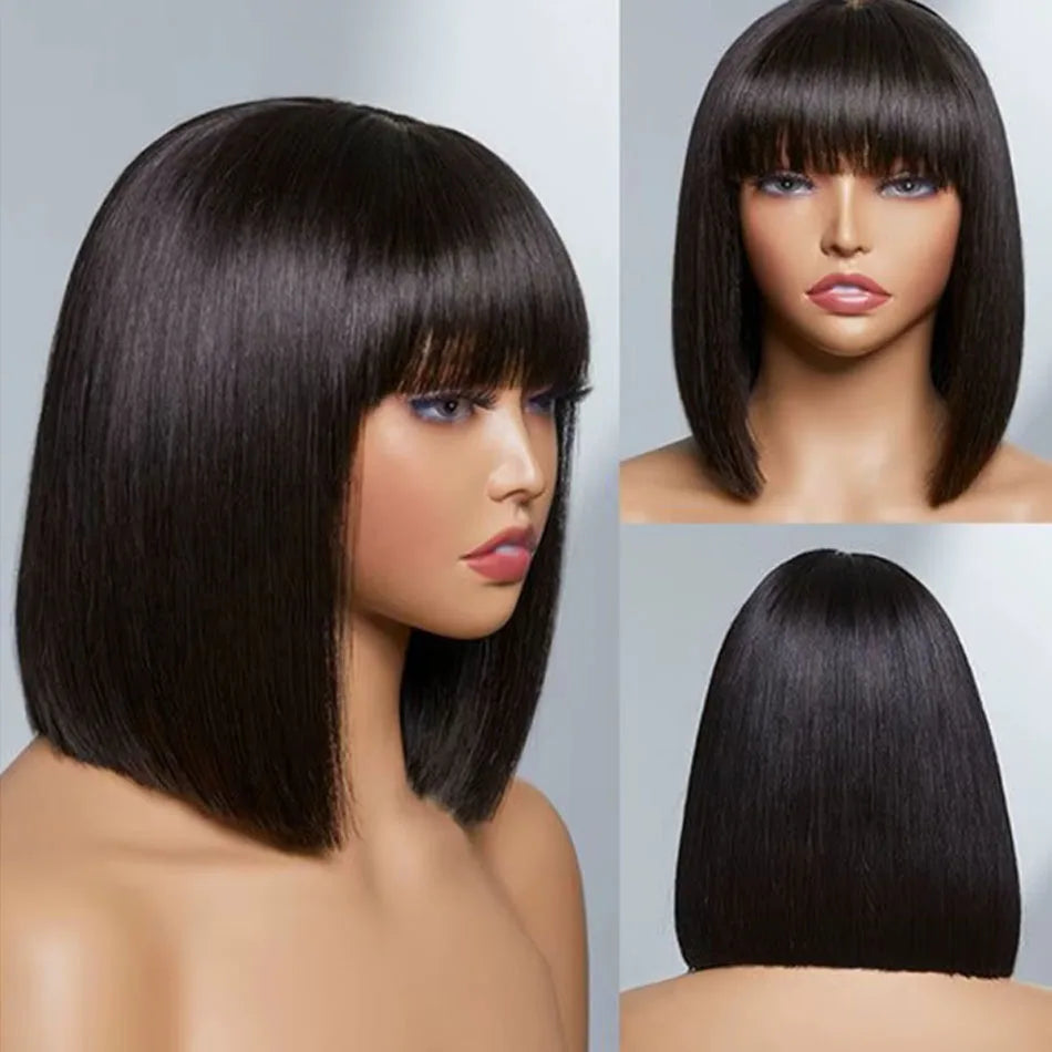 Straight Human Hair Wigs Bangs Fringe, 3x1 Part Lace Bob Realistic Scalp