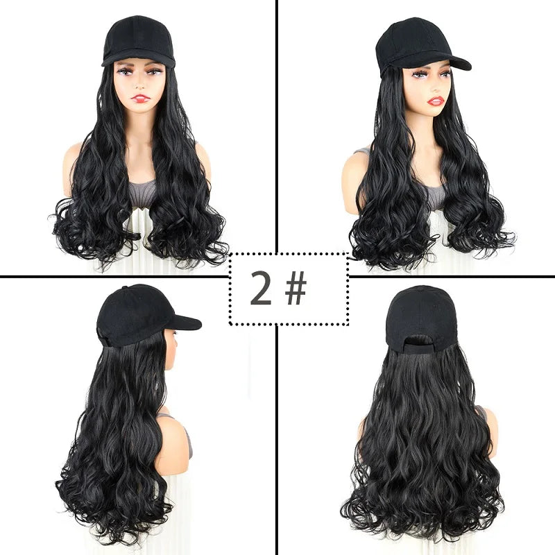 20Inch Synthetic Long Curly Hat Wig Baseball Cap Black Brown Hairpiece Adjustable Hat Wigs