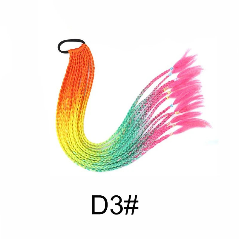Synthetic Multi-Strand Rainbow Long Straight Braid Hair Extensions, Elastic Rubber Band Ponytail
