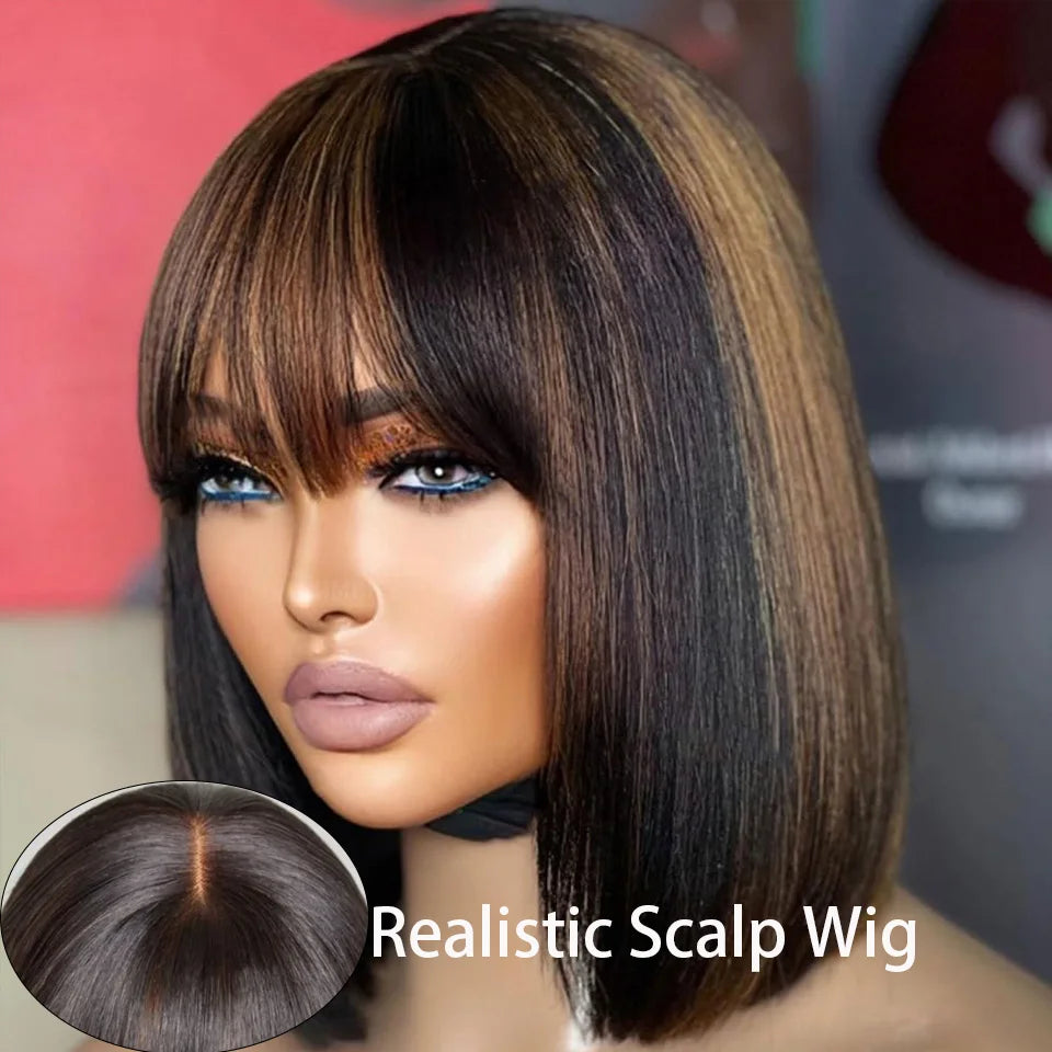 Highlight Blonde Short Bob 3x1 Lace Glueless Human Hair Wig with Bangs, P1B/30 Straight