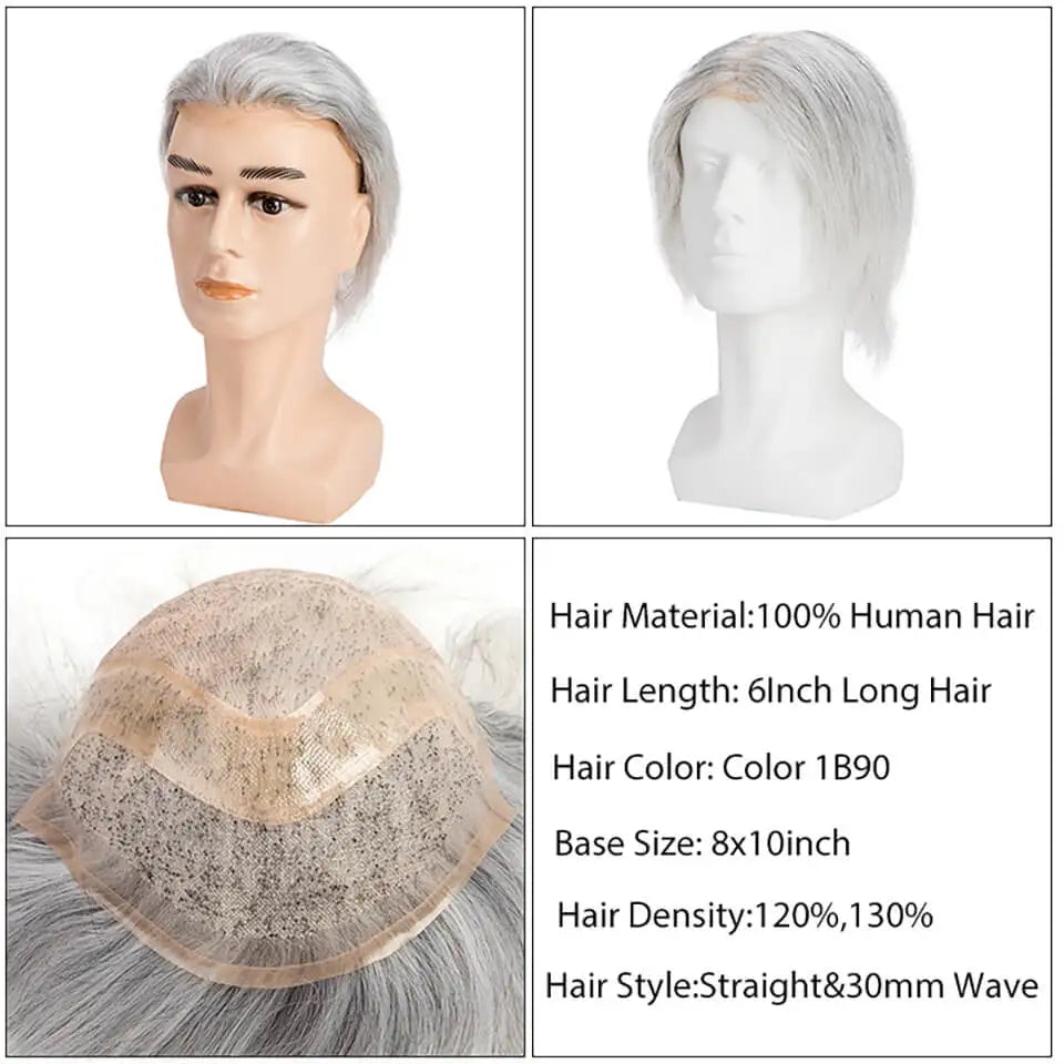 Breathable Mono Lace PU Base Hair Prosthesis Human Men's Wig Systems Natural