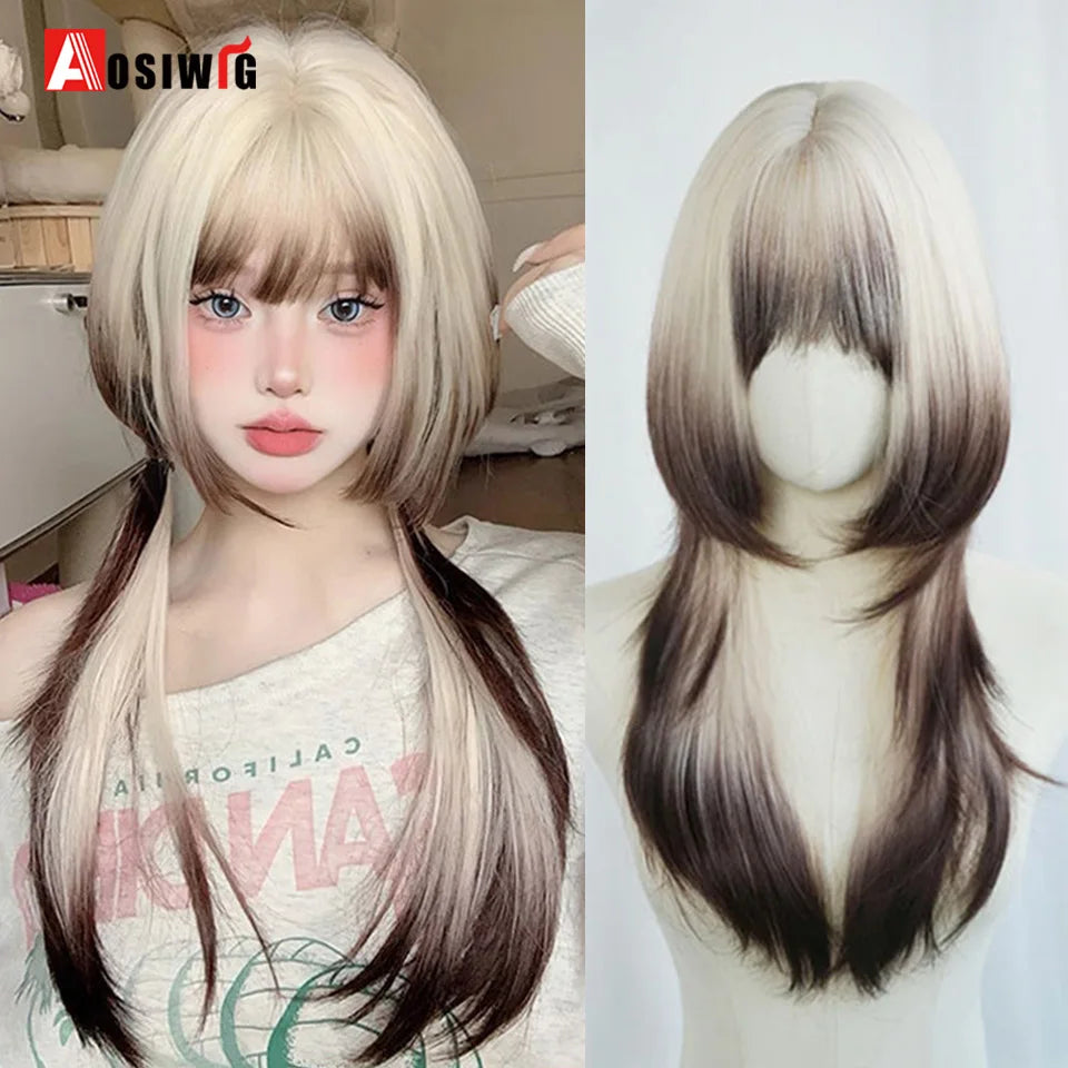 Blonde Twin Ponytail Princess Cut Natural Short Hair Synthetic Wigs Bangs Heat