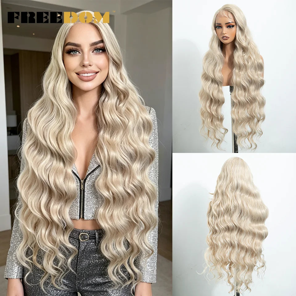 36" Long Wavy Synthetic Lace Front Wigs Ombre Brown Blonde Body Wave