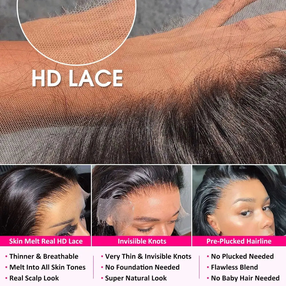 13x6 Lace Front Wigs Human Hair Density HD Body Wave Frontal Glueless