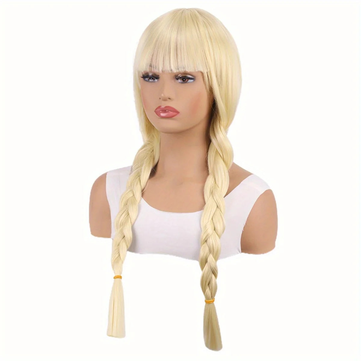 Platinum Pure Bangs Double Braids Synthetic Fiber Heat-Resistant Wig Elegant and Dignified Everyday Lolita Wig