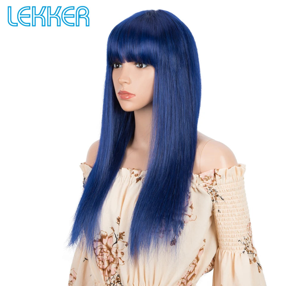 Long Royal Blue Straight, 100% Human Hair Wigs Bangs Brazilian Remy Halloween