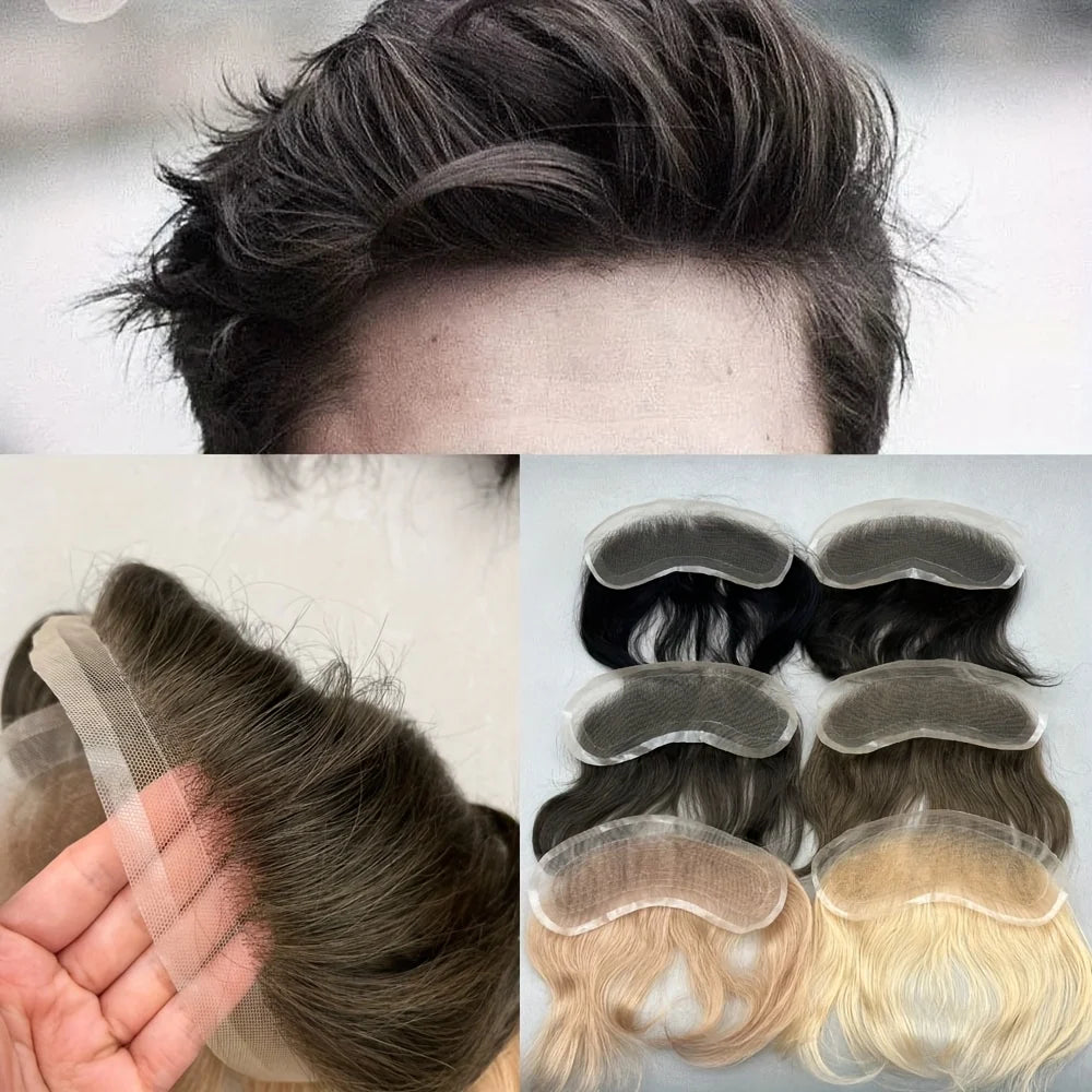 Men's Human Hair Frontal Hairline Full Lace Swiss 4x18CM Replacement System,V-Loop Topper with Natural Hairline