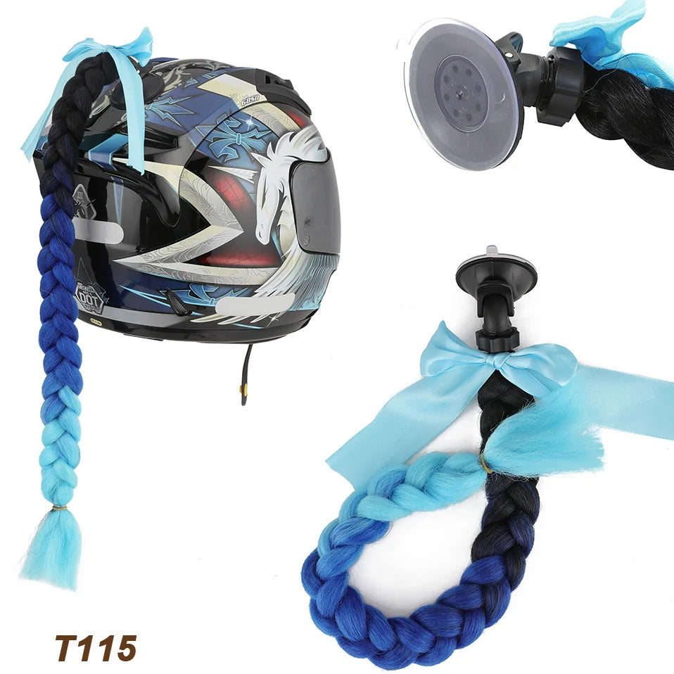 Synthetic Helmet Pigtails Gradient Ramp Braids Ponytail Hair Suction Cup Bowknot Motor