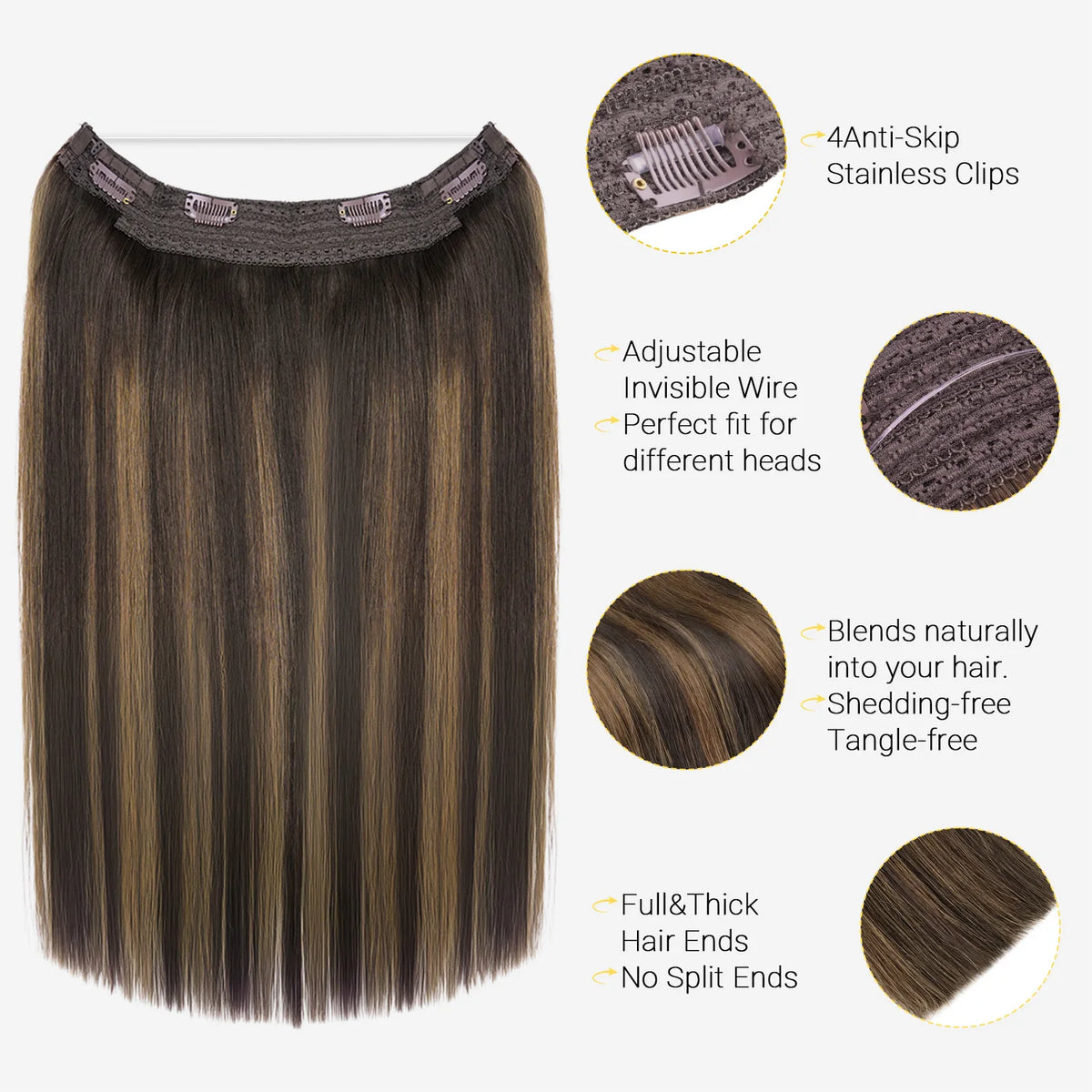Wire in Hair Extensions Real Human Balayage Dark Brown To Chestnut Invisible