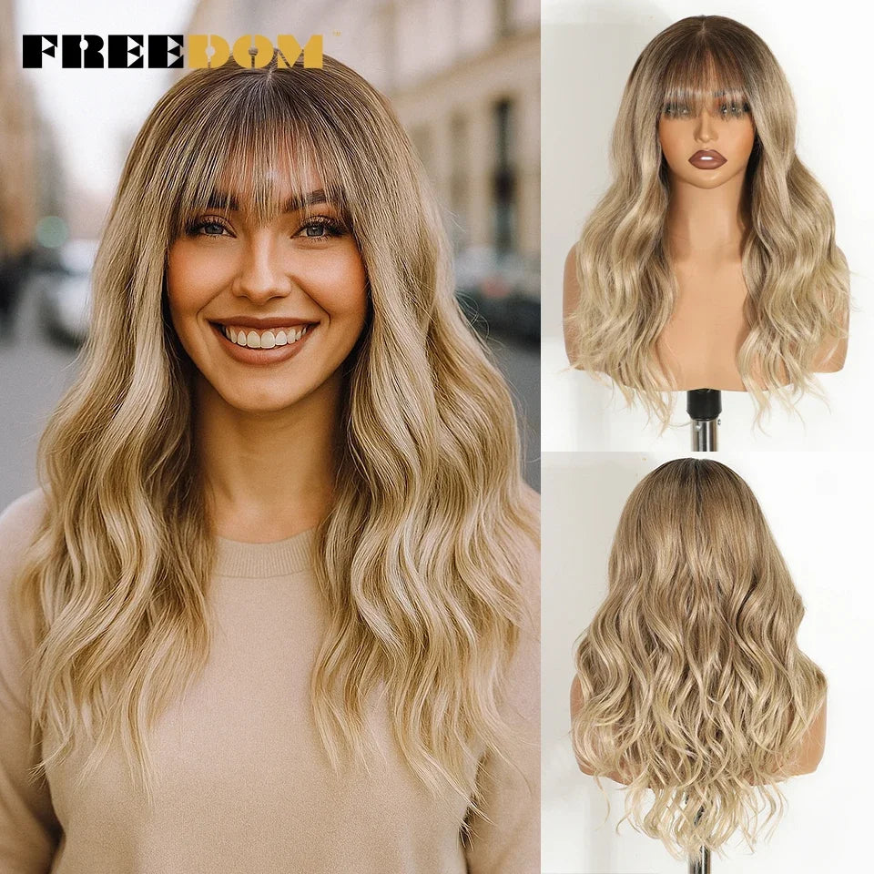Synthetic Lace Front Wigs 20" Ombre Brown Body Wave, 6x4 Bangs Heat