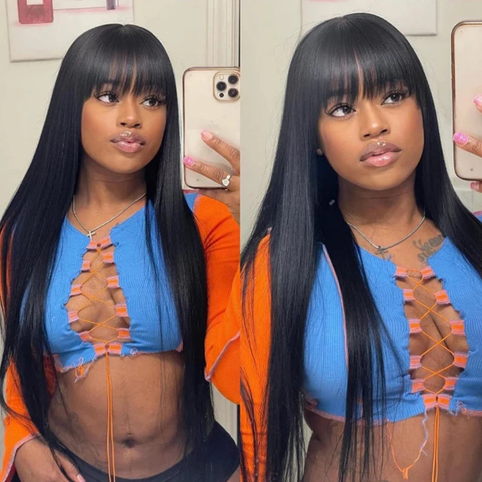 Natural Black Bone Straight Human Hair Wig Bangs 30Inch Glueless Brazilian, 3x1