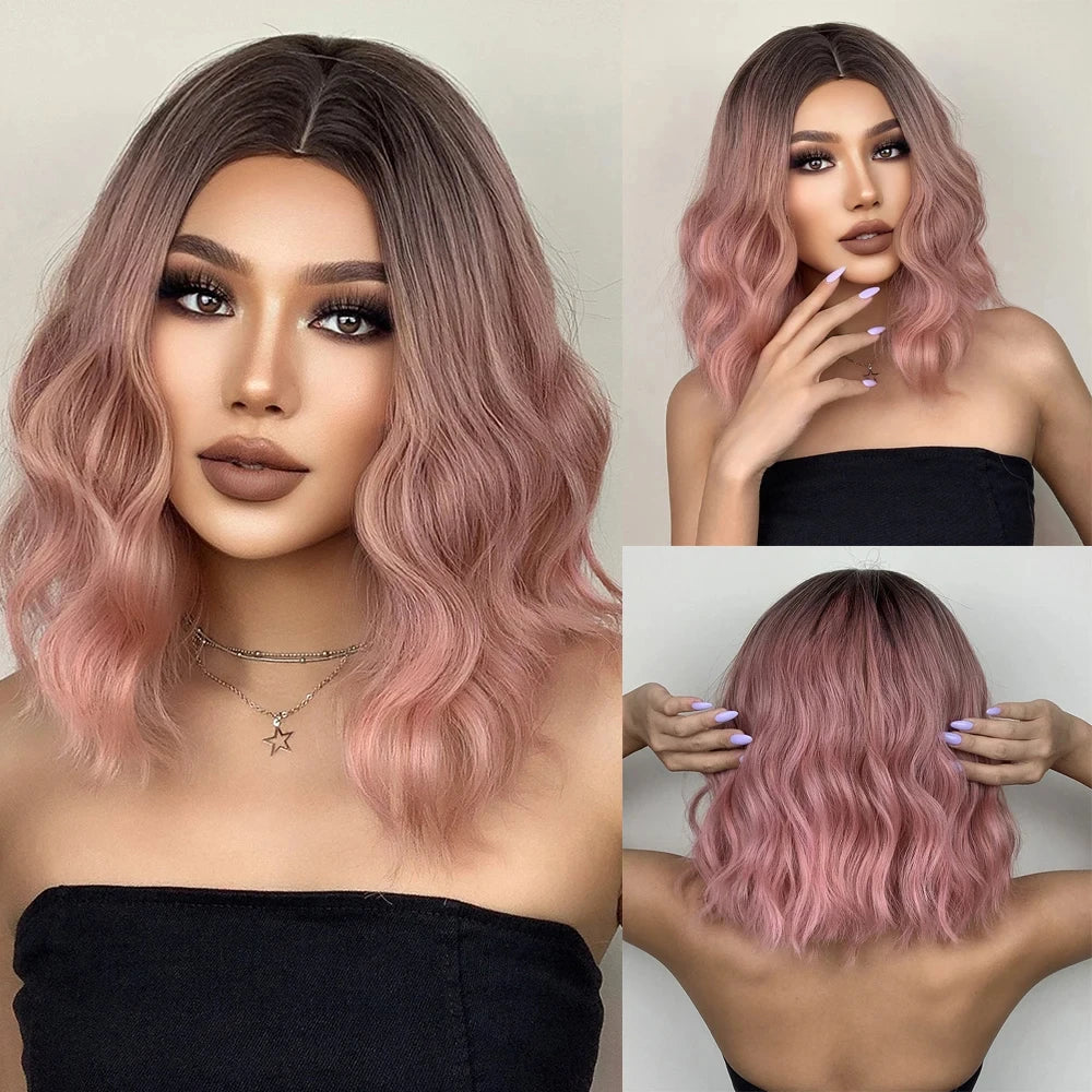 Pink BOBO Synthetic Wigs Short Natural Wave Hair Wig Party Daily High Density Heat Resistant