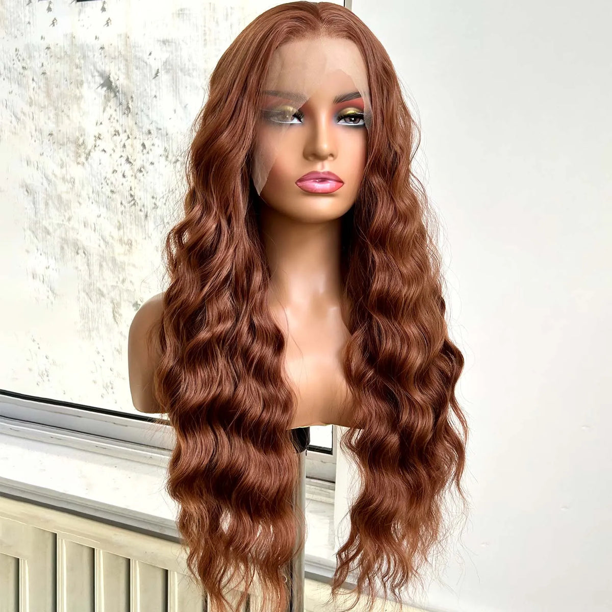 Ginger Brown Wig Long Curly Wavy Synthetic Middle Part Loose Deep Wave