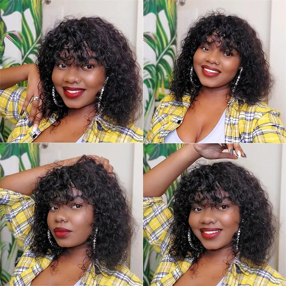 Water Curly 100% Virgin Human Hair Wig Bangs Density Peruvian Full Machine