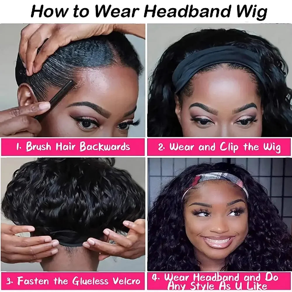 Deep Wave Curly Human Hair Wig Full Machine Made Half Headband