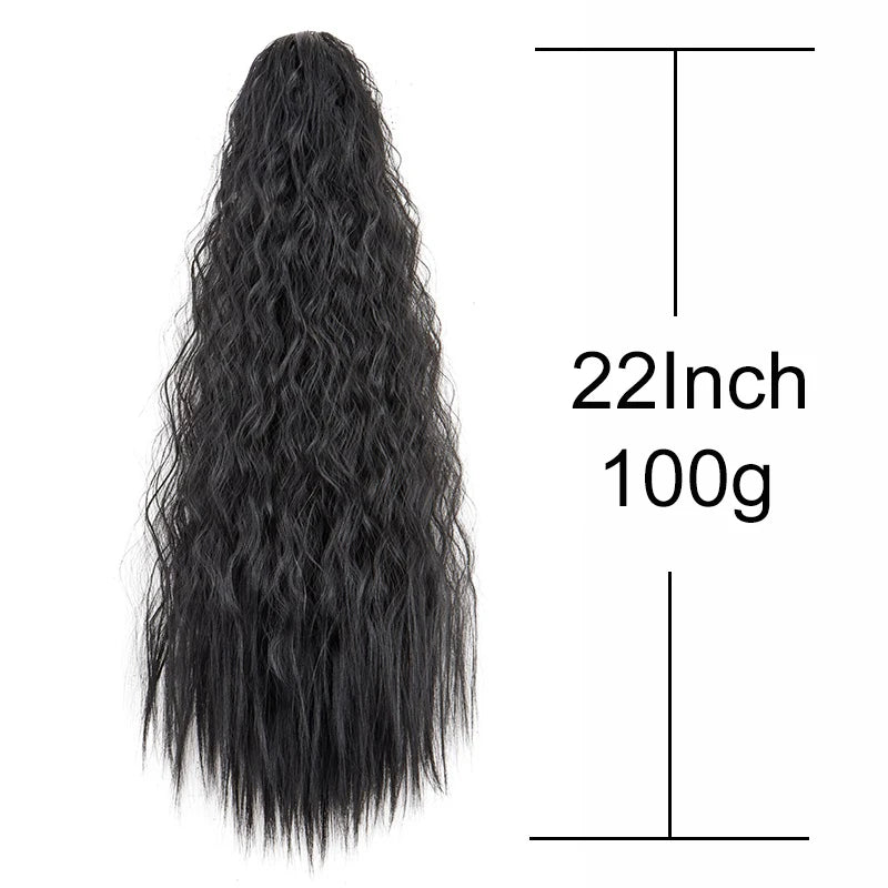 22Inch Synthetic Long Kinky Curly Ponytail Hair Extension Drawstring Wrapped Clip in Hair Black Hairpiece