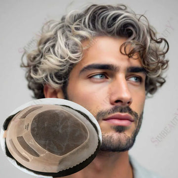 28mm Curly Men's 1B80 Gray Brown Black Human Hair Durable Bond Mono