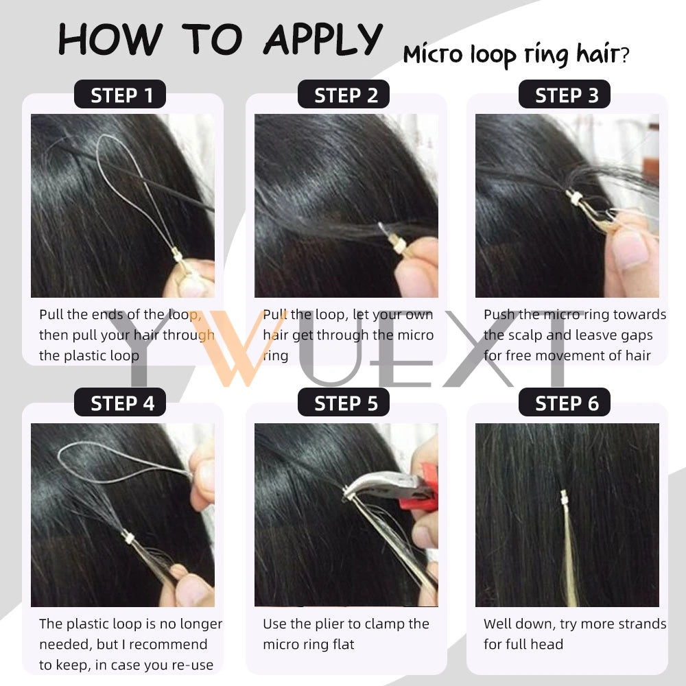 Micro Loop Hair Extensions Real Natural Straight Ring Link 12"-20" Human Black