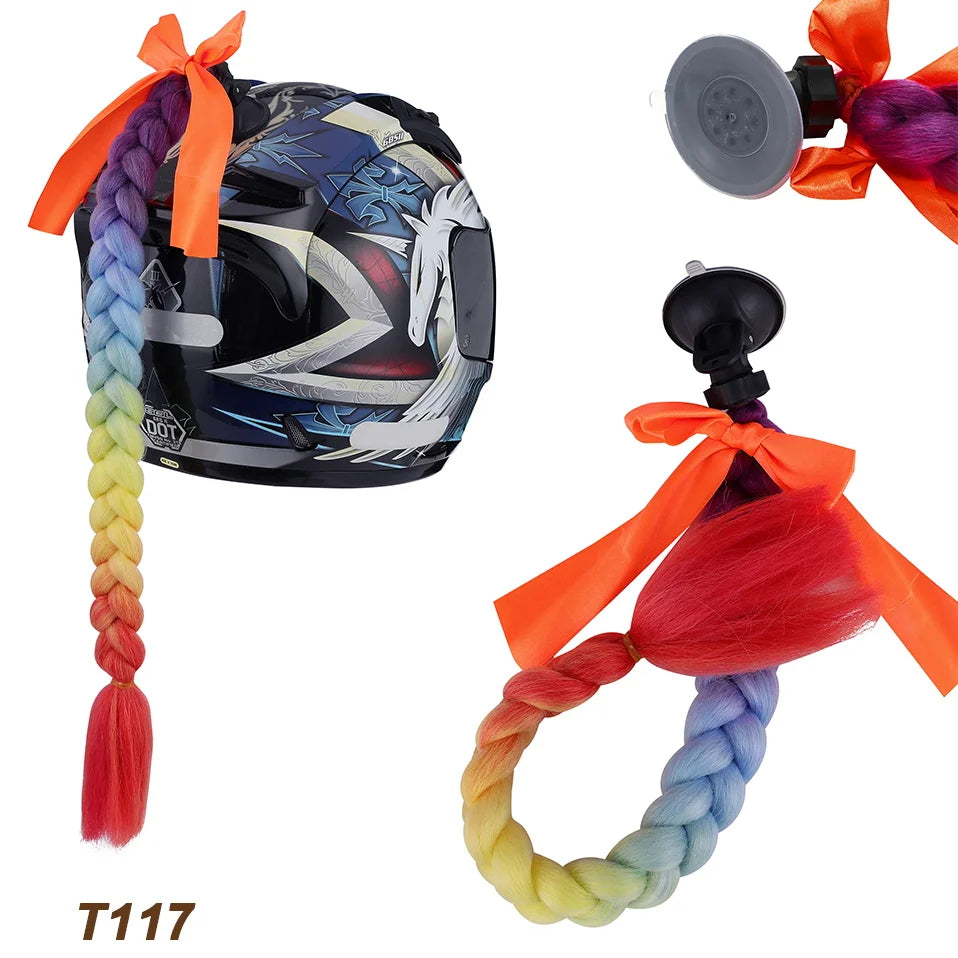 Synthetic Helmet Pigtails Gradient Ramp Braids Ponytail Hair Suction Cup Bowknot Motor