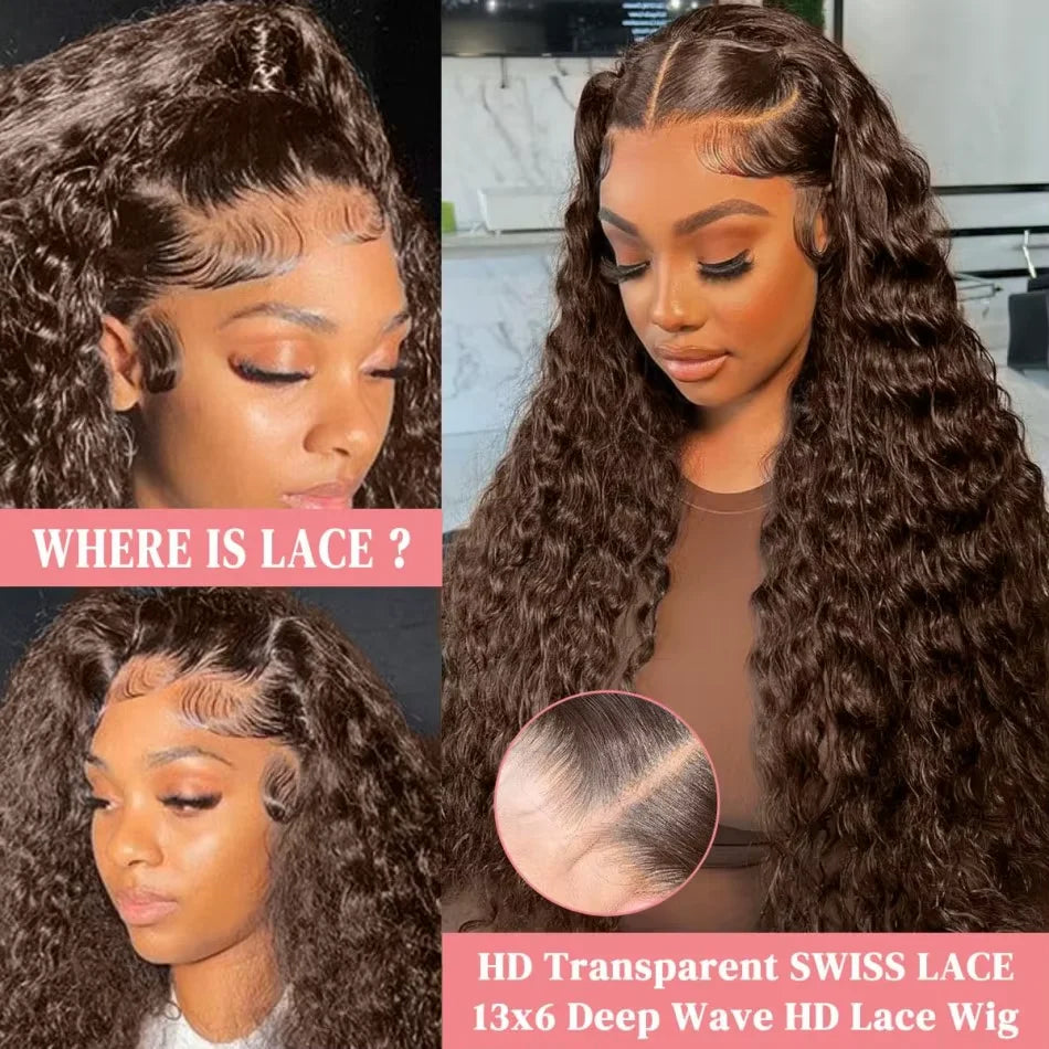 250%Density Chocolate Brown Curly Wigs, 13x6 HD Lace Front Human Hair Deep