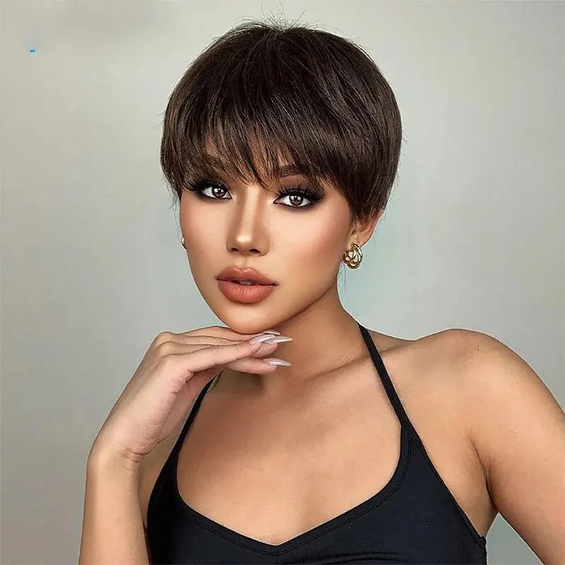 Short Brown Wig Human Hair Pixie Cut Chocolate Duby Full Machine