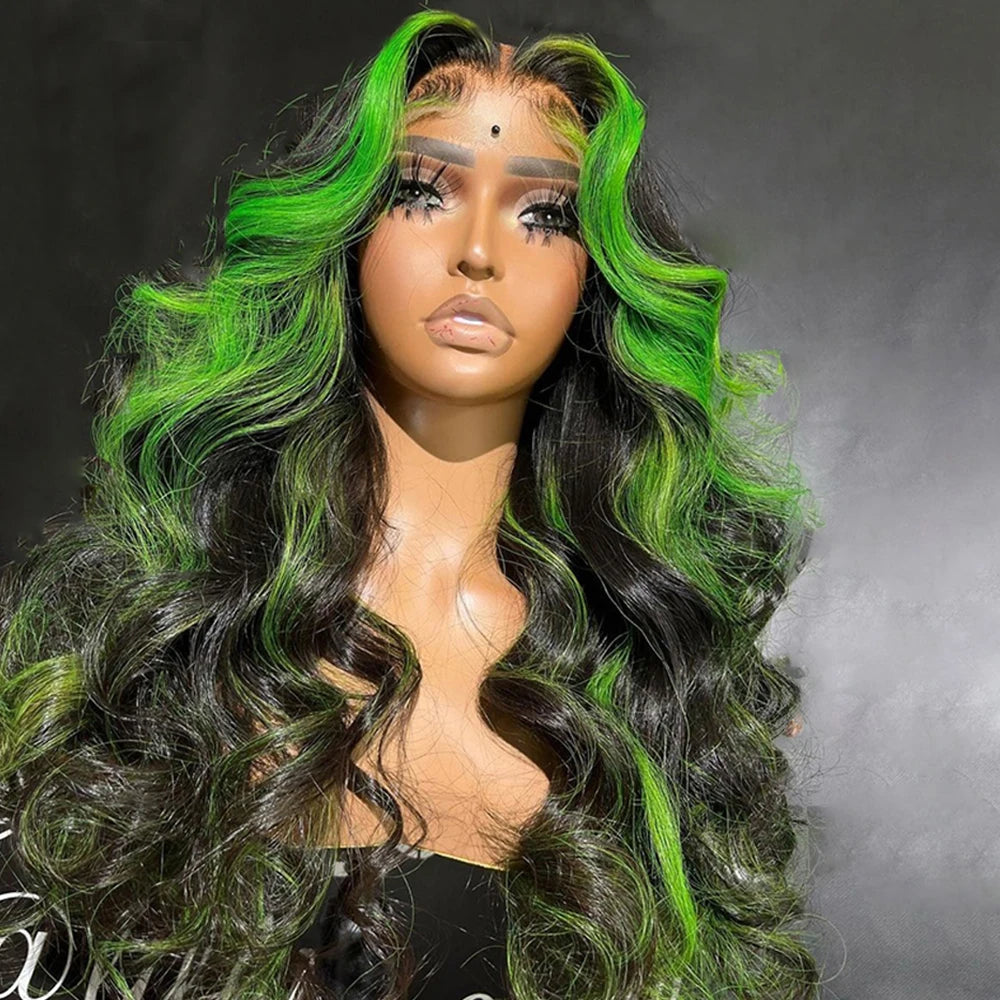 Black and Green Highlight Body Wave Human Hair Lace Frontal Wig, 13x4 13x6, Ombre, Pre-Plucked