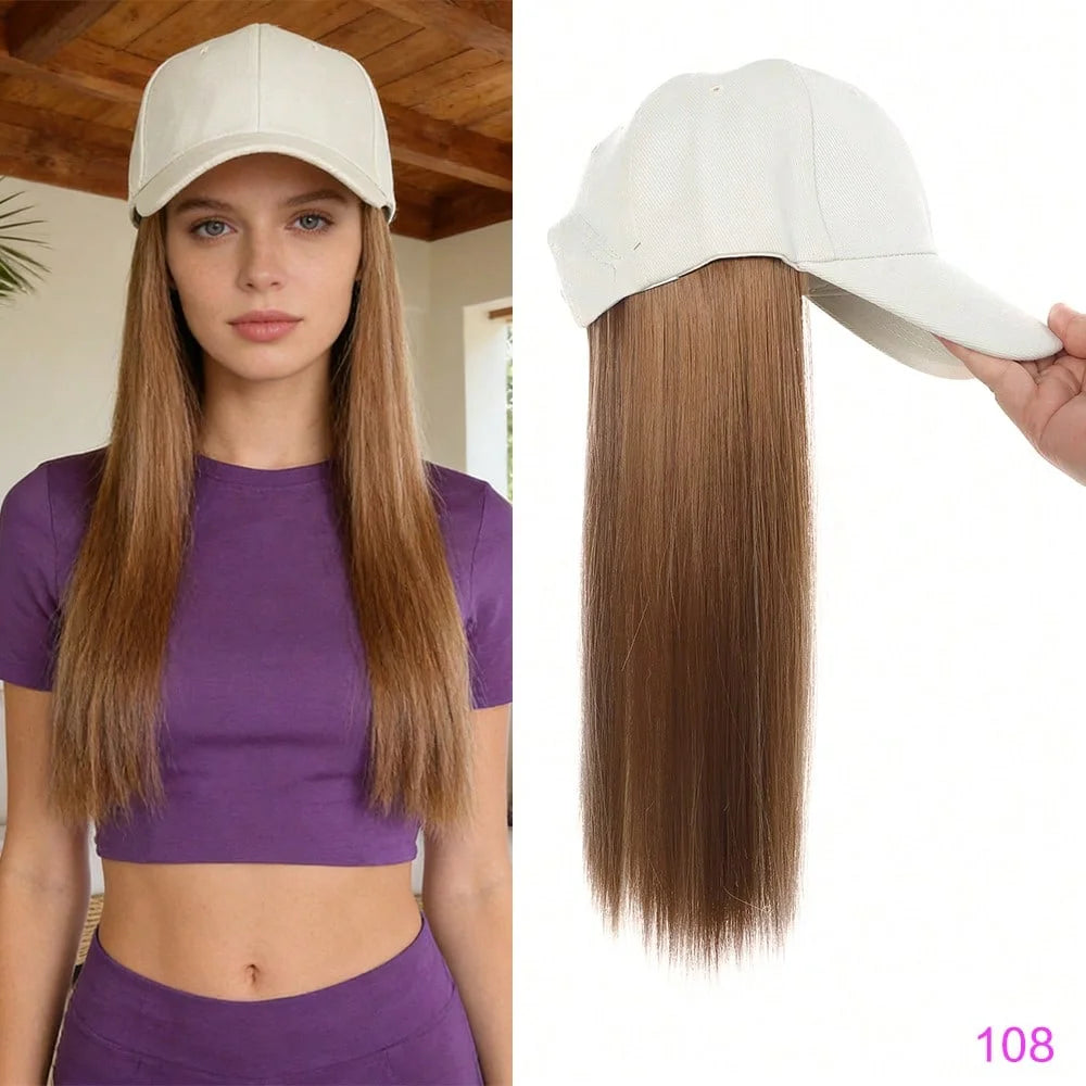 Synthetic Hat Wig with Long Straight Black Hair Baseball Cap Hair Extension Stylish & Convenient All-in-One Design